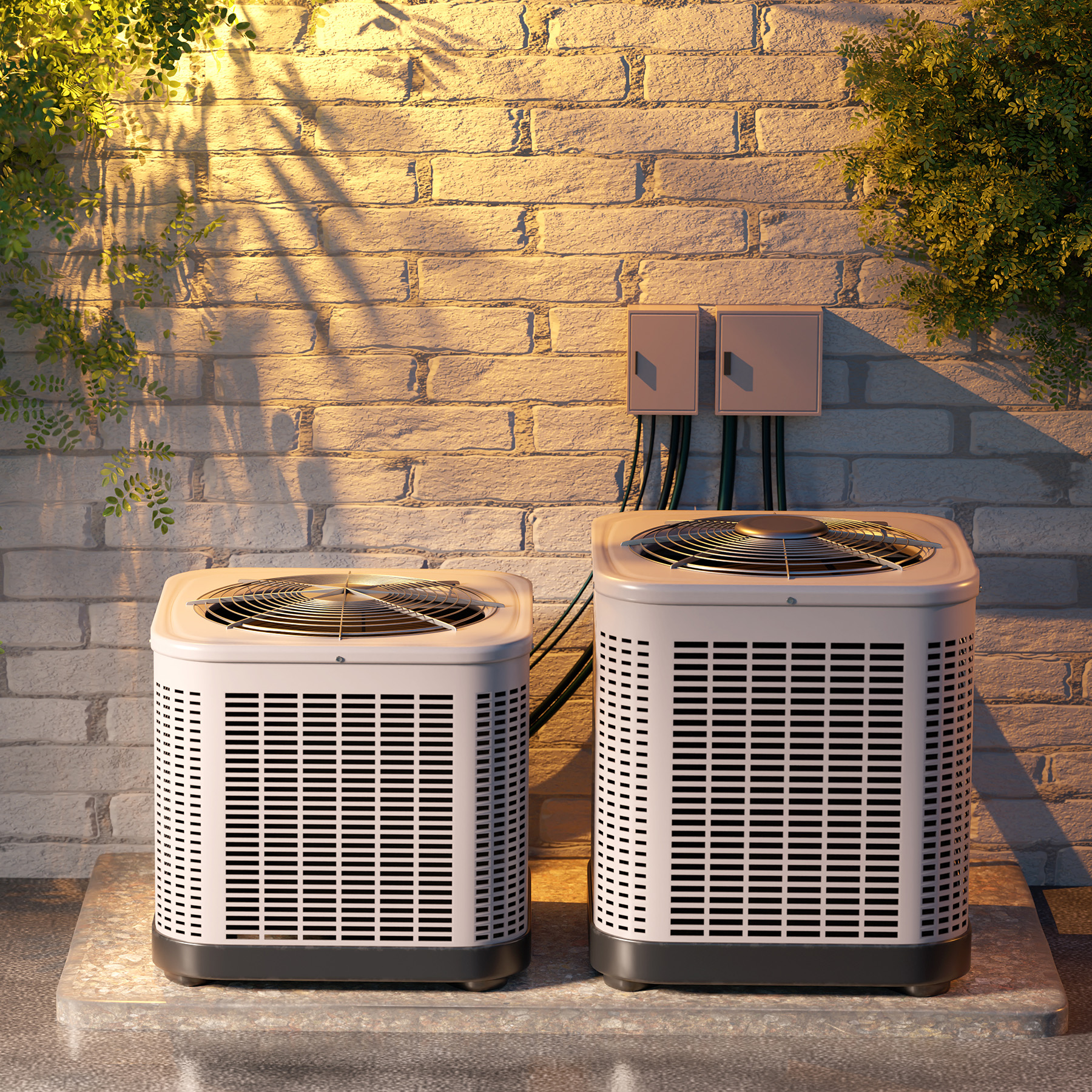 Two air conditioning units with their respective hoses and wiring against a brick wall.