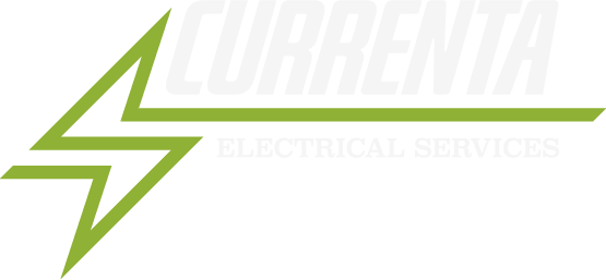 The image features a logo with the text  Currenta Electrical Services  in stylized fonts against a green background, with a lightning bolt graphic on the right side.
